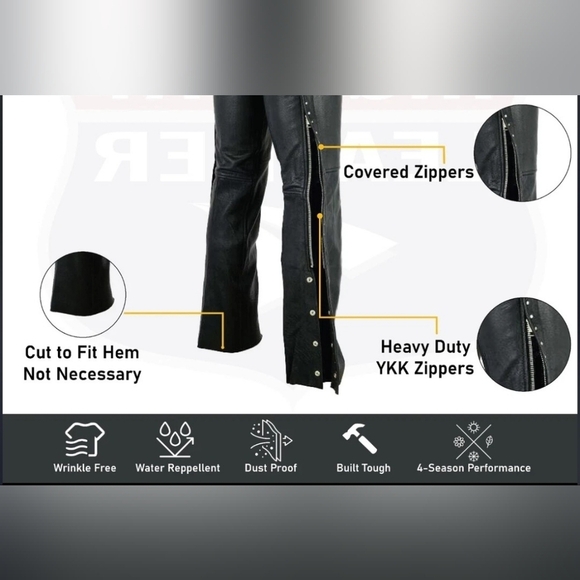 Highway Leather Black Low rise Motorcycle Leather Chaps Studded Biker Size M - Picture 15 of 17